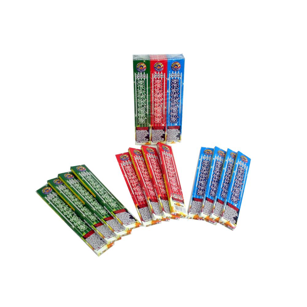 384pc #10 Colored Sparklers, Red - Green - Blue — 4 Packages with 12 Boxes of 8 Sparklers