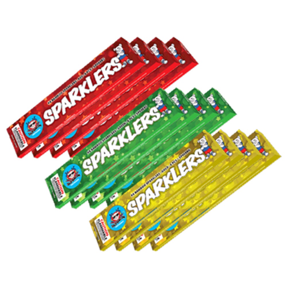 72pc #8 Color Red Green Gold BAMBOO Sparklers- 12 boxes of 6 Sparklers - SB