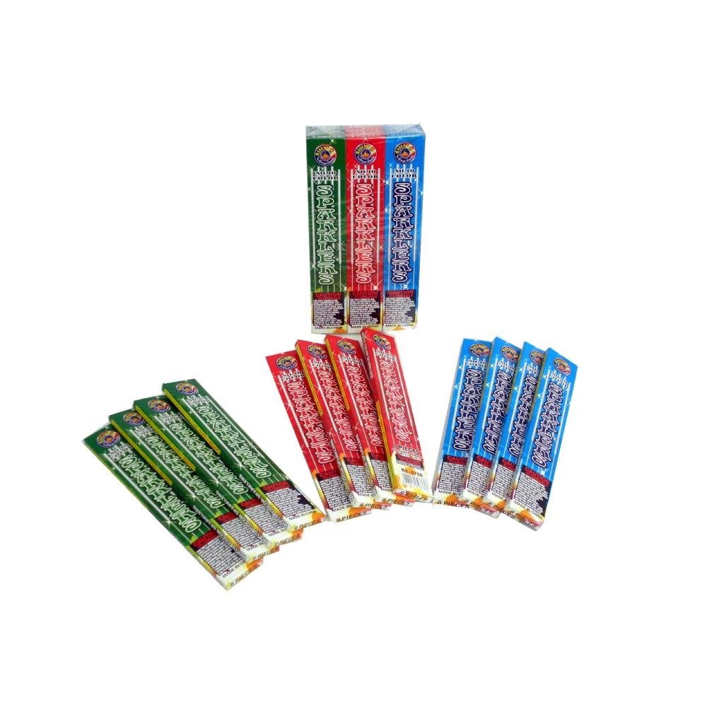 2,304pc #10 Colored Sparklers, Red - Green - Blue , 24 packages of 12 boxes of 8 sparklers